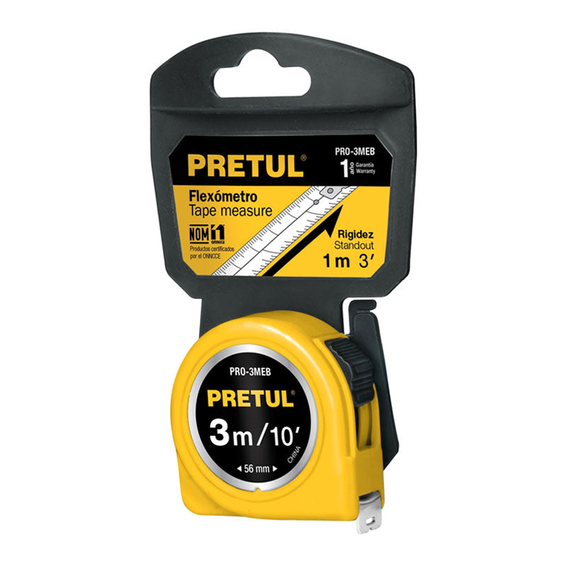 Flexómetro Amarillo 3 M Cinta 13 Mm, En Tarjeta, Pretul