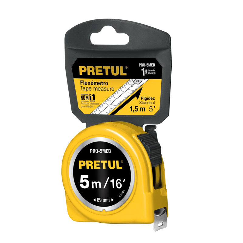 Flexómetro Amarillo 5 M Cinta 19 Mm, En Tarjeta, Pretul