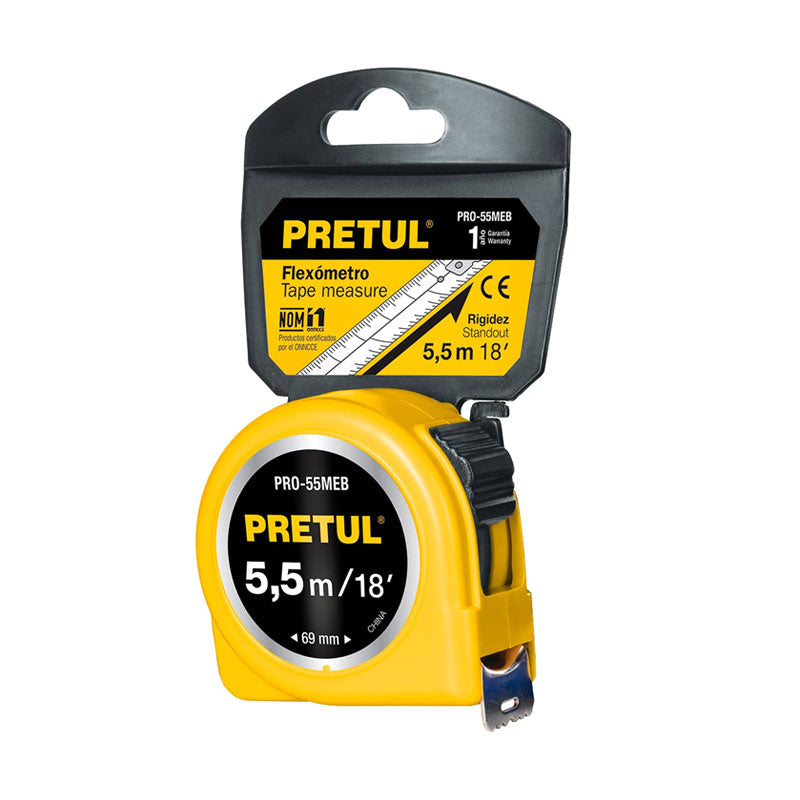 Flexómetro Amarillo 5.5 M Cinta 25 Mm, En Tarjeta, Pretul