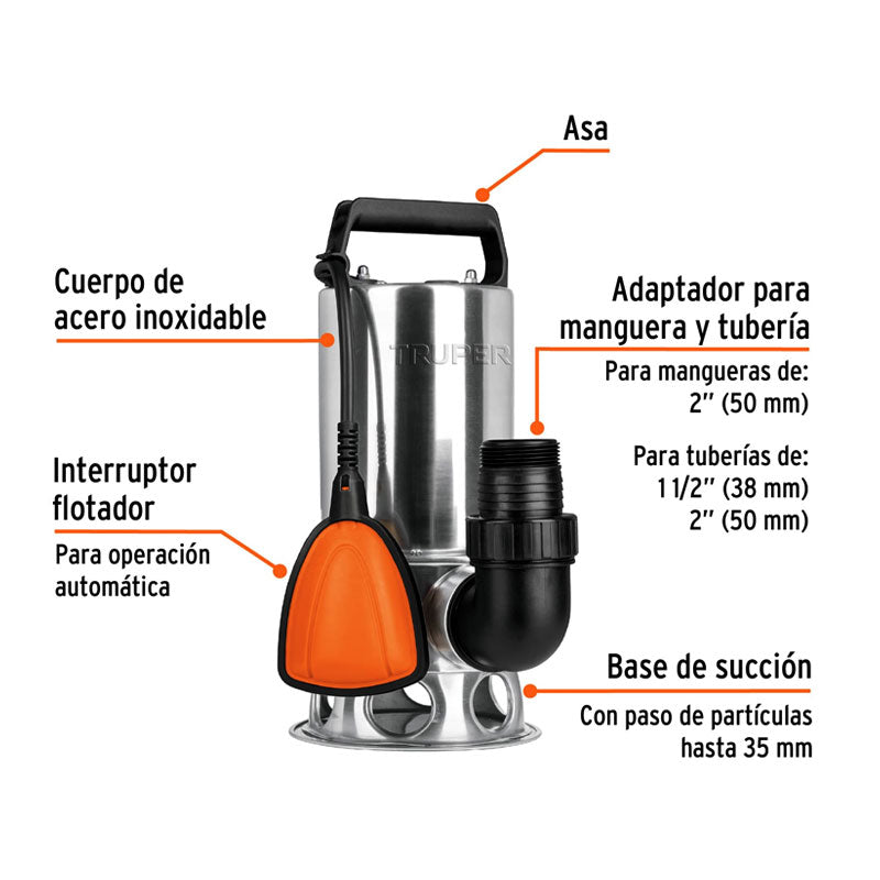 Bomba Sumergible Metálica Para Agua Sucia 1 Hp, Truper