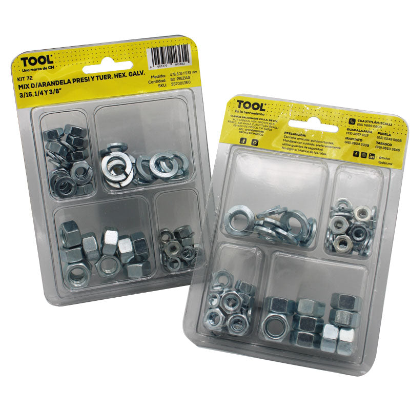 Kit72 Mix De Arandela Presión Y Tuerca Hexagonal Galvanizada 3/16,1/4/3/8