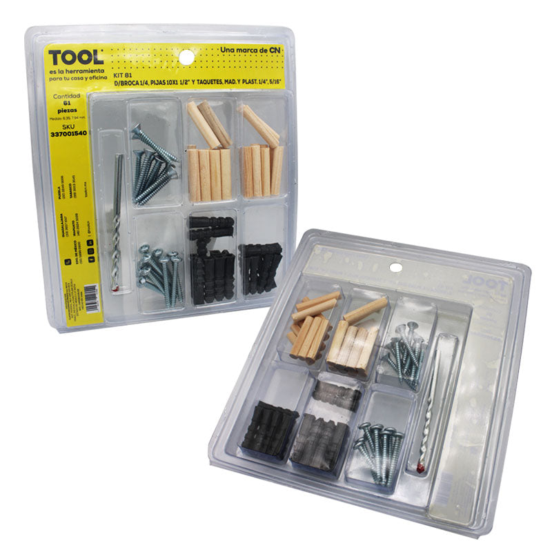 Kit 81 De Broca 1/4", Pijas 10X1 1/2" Y Taquetes De Madera Y Plástico