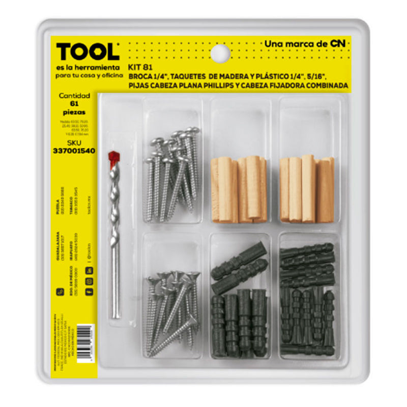 Kit 81 De Broca 1/4", Pijas 10X1 1/2" Y Taquetes De Madera Y Plástico