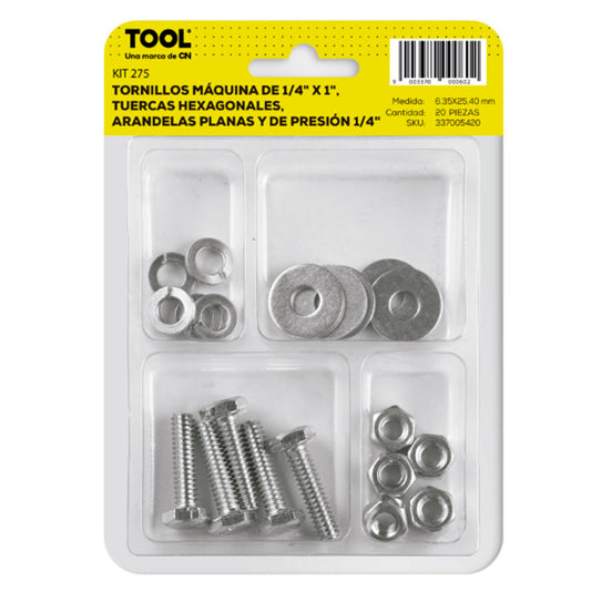 Kit 275 De Tornillo Máquina,Tuerca Hexagonal, Arandela Plana Presión Galvanizado