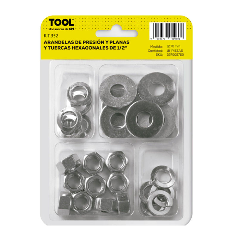 Kit 352 De Tuercarondana Plana Y Presión 1/2" Con 18 Piezas