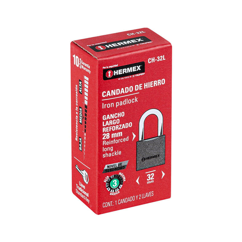 Candado De Hierro 32 Mm Gancho Largo En Caja, Hermex