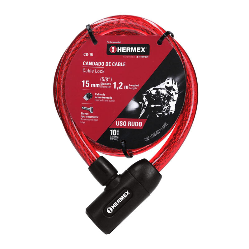 Candado De Cable Con Llave, 15Mm X 1.20 M, Hermex