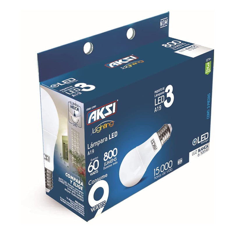 3 Pack Led Luz Blanca A19 9 W