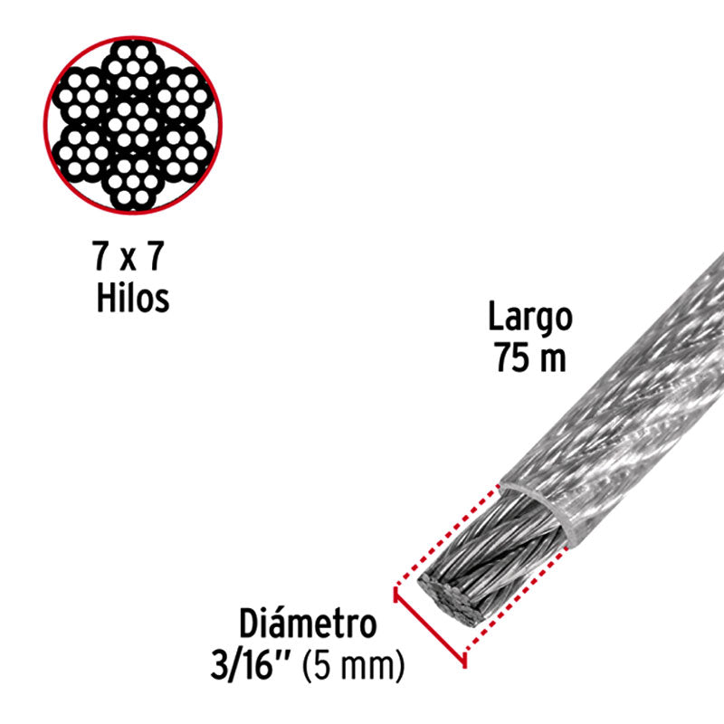 Metro De Cable Rígido 3/16" Acero 7X7 Recubierto Pvc, 75 M