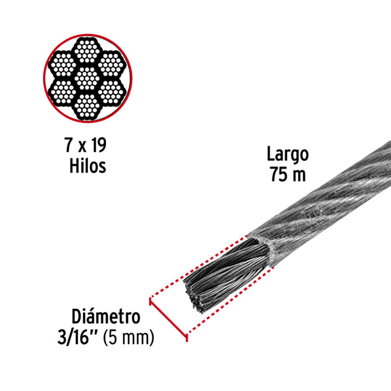 Metro Cable Flexible 3/16" Acero 7X19 Recubierto Pvc, 75 M