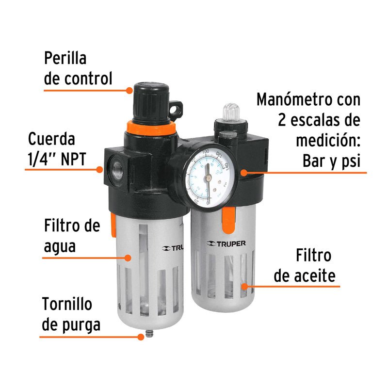 Filtro Y Regulador De Aire Con Módulo De Lubricación, 19238 Truper Unill1/4 - Tool Ferreterías / Ferretodo - Herramientas y material de construcción.